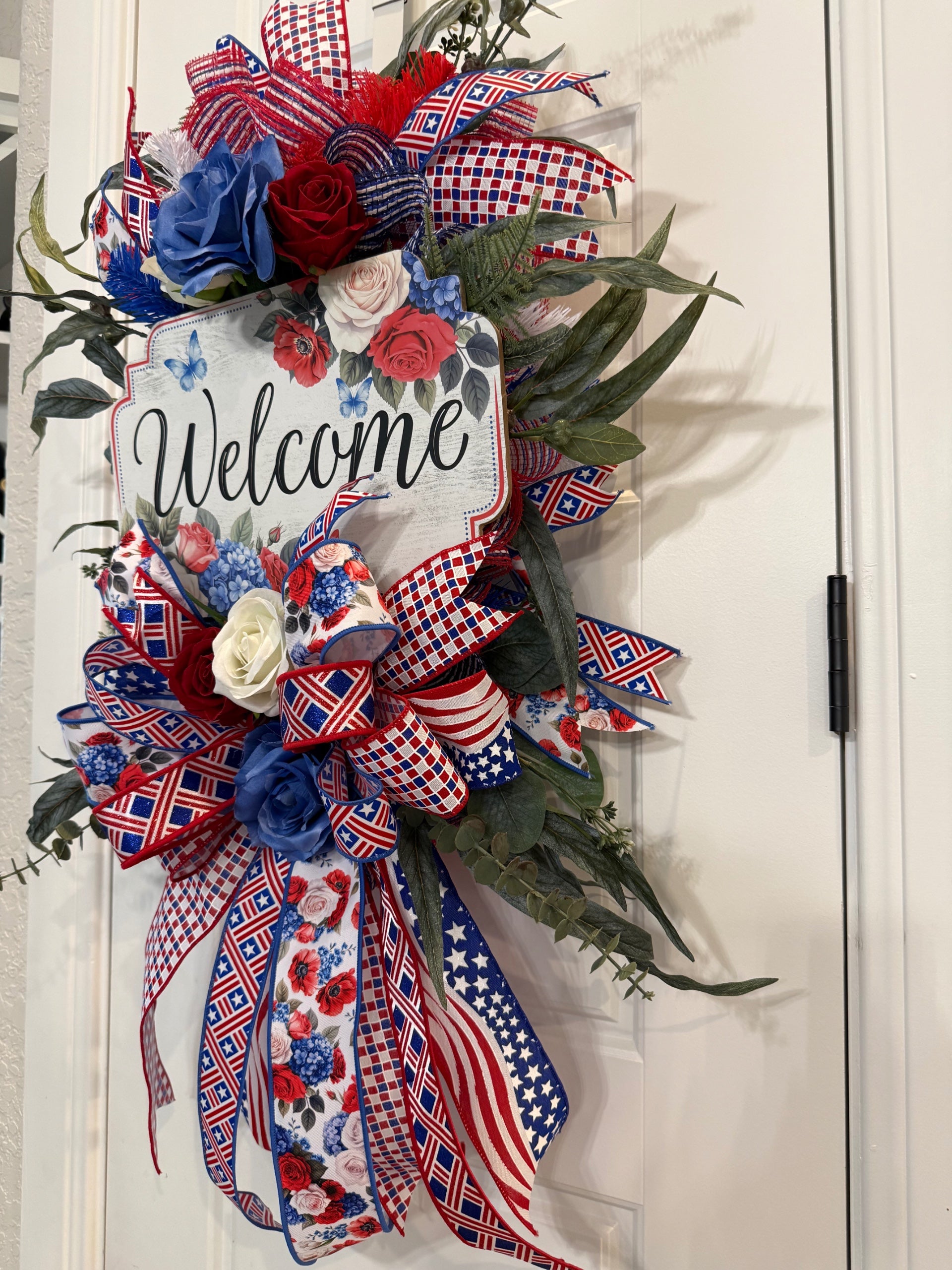 Patriotic Teardrop Swag, Red White Blue Floral Door Hanger, Summer