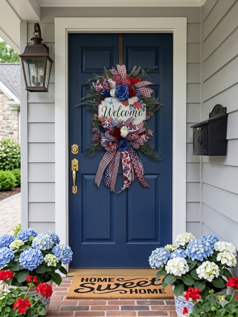 Patriotic Teardrop Swag, Red White Blue Floral Door Hanger, Summer